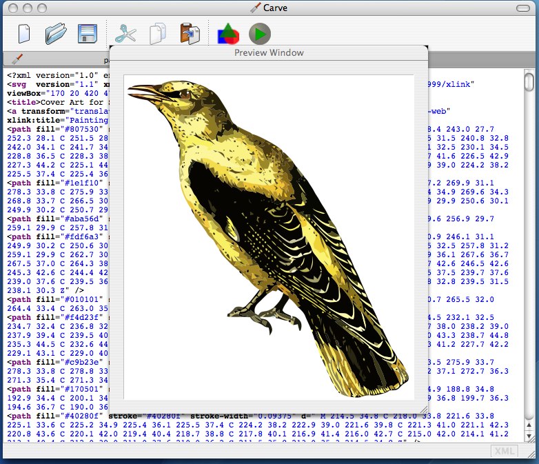 Screenshot of Carve Beryllium (0.04) showing the text editor and Preview window