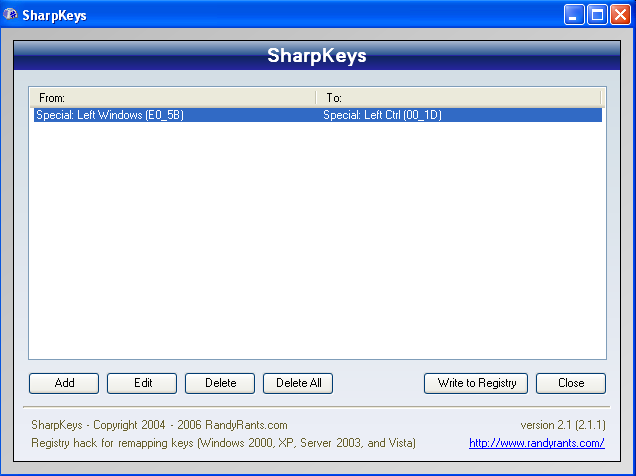 Image showing how to map the left Apple/Cmd key to the left Ctrl key in Windows using SharpKeys
