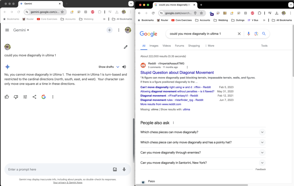A screenshot showing side-by-side comparison of Google's Gemini LLM and Google Search answering the question "could you move diagonally in ultima 1". Gemini does a very succinct job of this, giving a definite answer with no "extras", while Google Search does not come close to answering the question (at least above the fold).