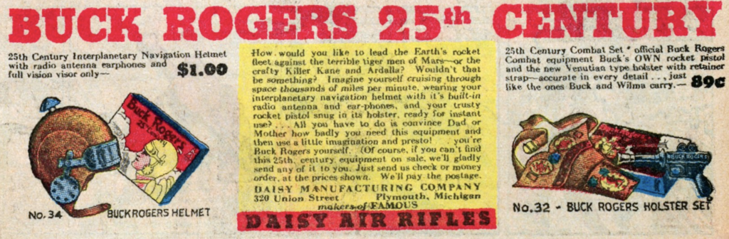 First ad in a comic book for Buck Rogers toys sold by Daisy Air Rifles, January 1935.
