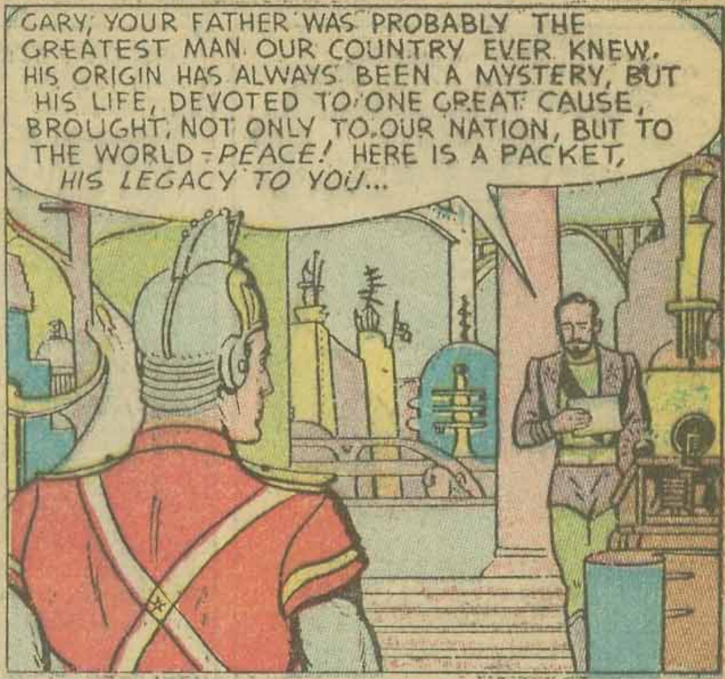 A panel from the Ultra-Man story in All-American Comics #8, September 1939