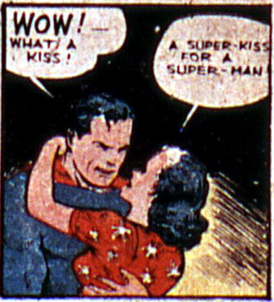 Lois Lane kisses Superman from Action Comics #5, September 1938.