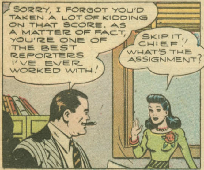 A panel from the Lois Lane strip in Superman #31, August 1944