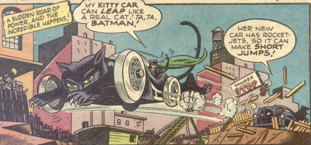 A panel depicting the Catwomans' car from Detective Comics #122, February 1947