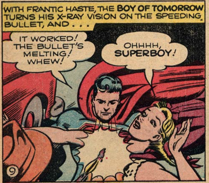 Superboy uses his heat vision for the first time in Superboy #5, September 1949