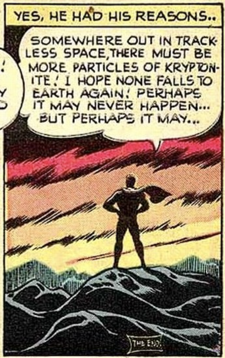Superman ponders future stories at the end of Superman #61, Sept 1949