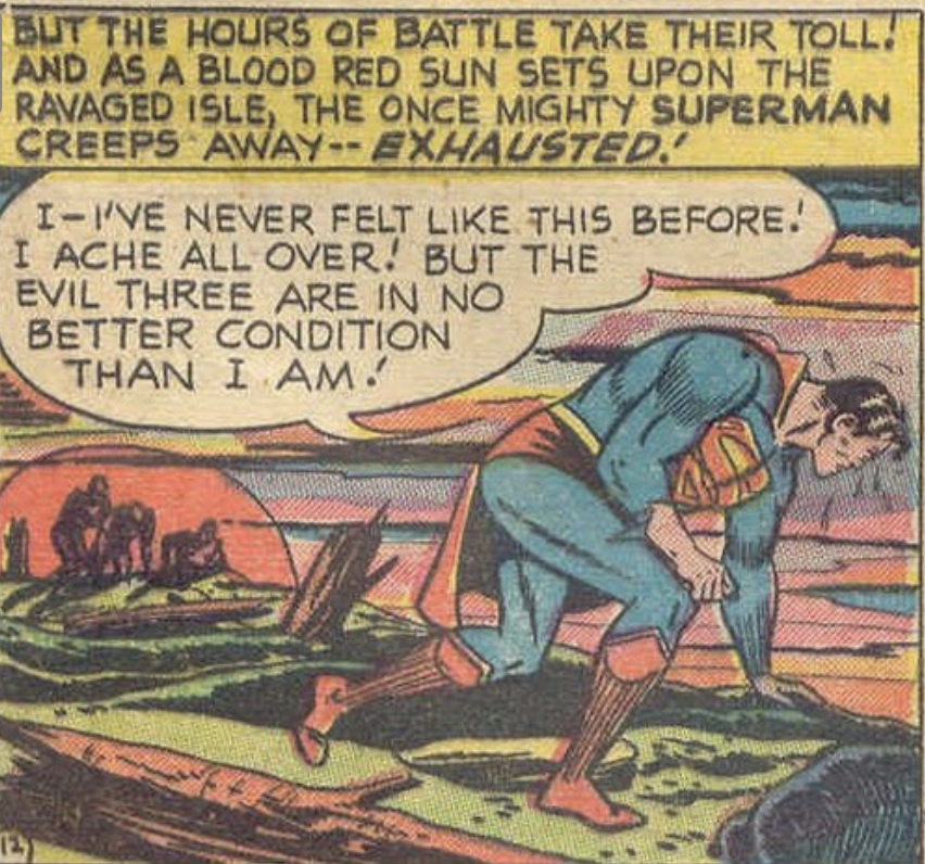 Superman exhausted after battling Kryptonians in Superman #65, May 1950