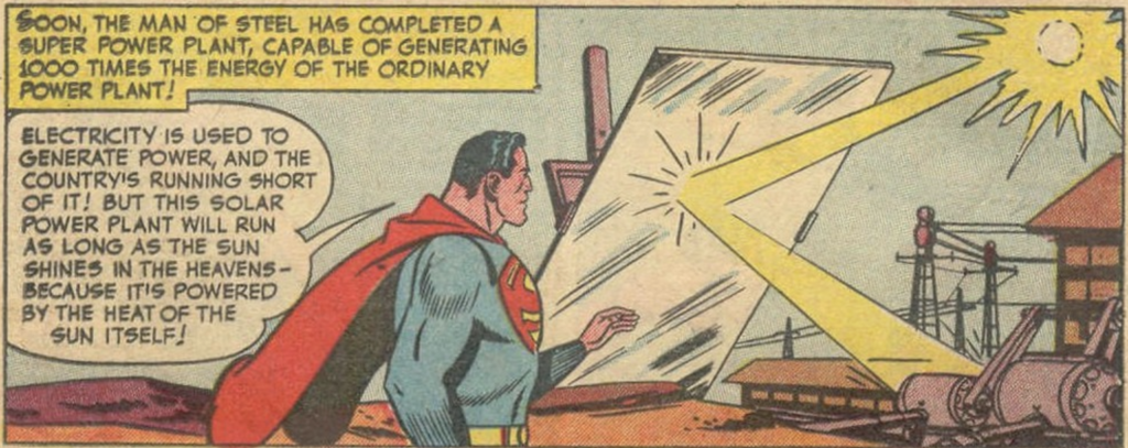 Superman designs a solar power plant in Superman #66, July 1950