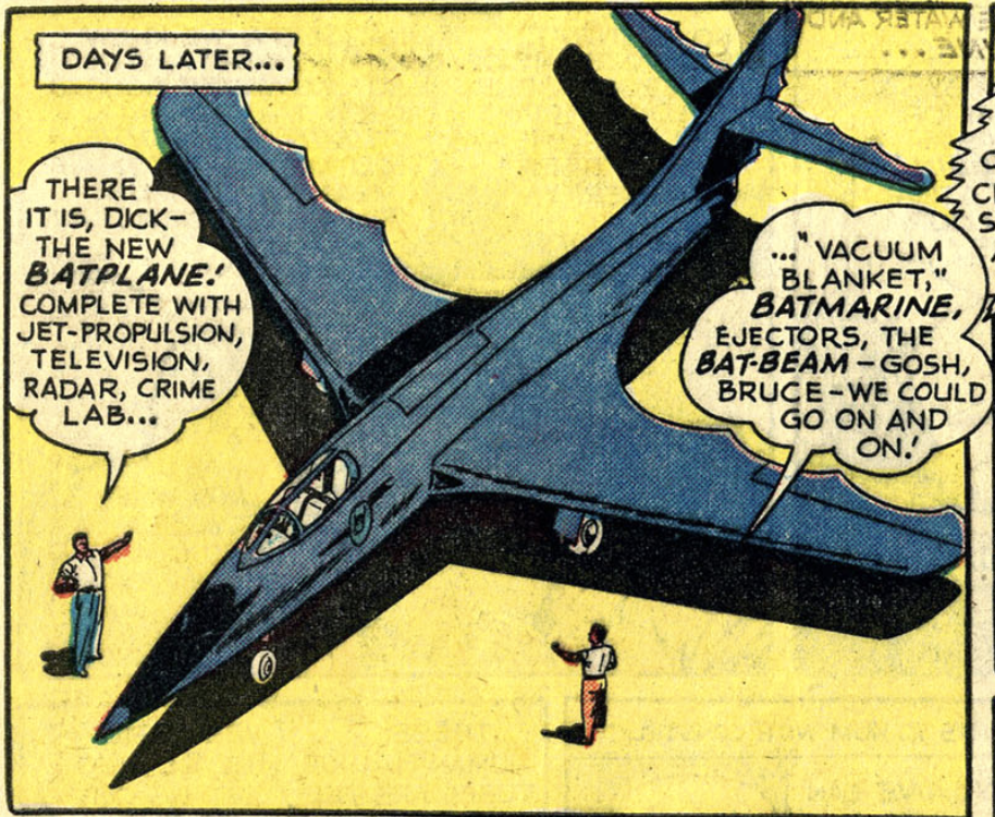 A panel introducing the new Batplane from Batman #61, August 1950