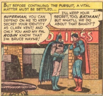 The heroes agree to keep secret identities in Superman #76, March 1952
