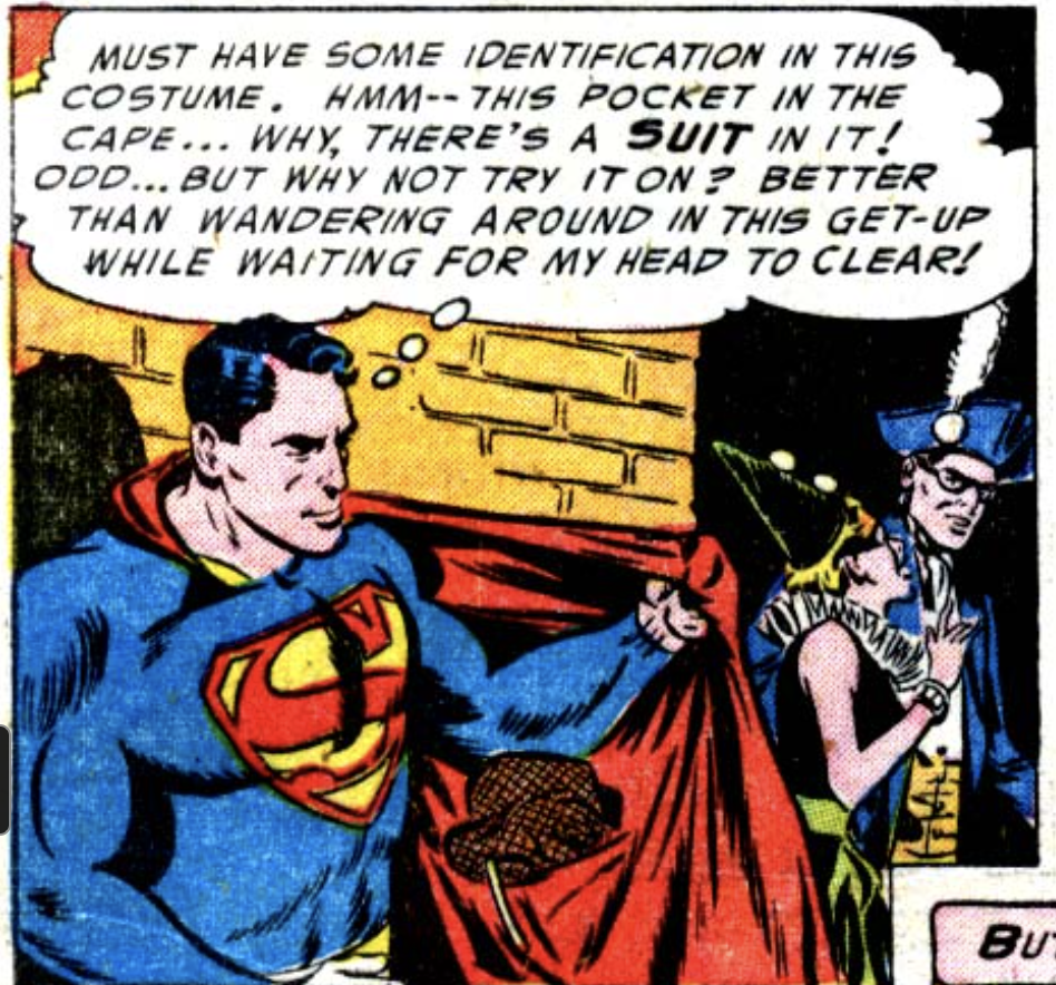 Discovering Clark's clothes in World's Finest #68, November 1953