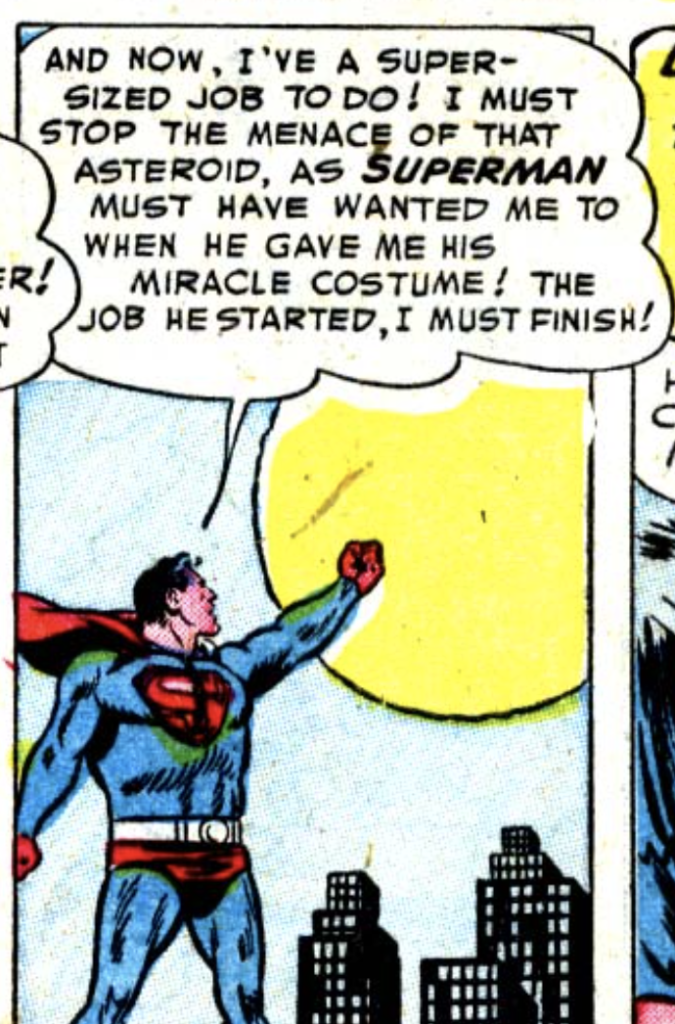 Clark mans up to stop the asteroid in World's Finest #68, November 1953