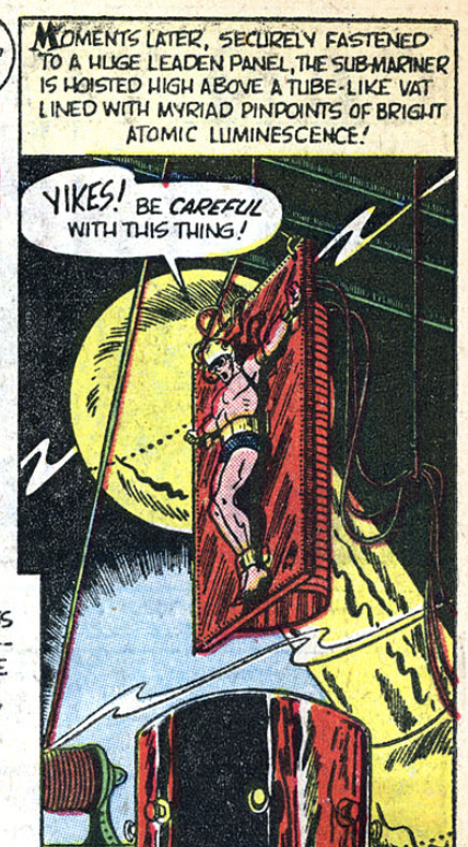 Namor being lowered into the charging vat in Sub-Mariner #38, November 1954