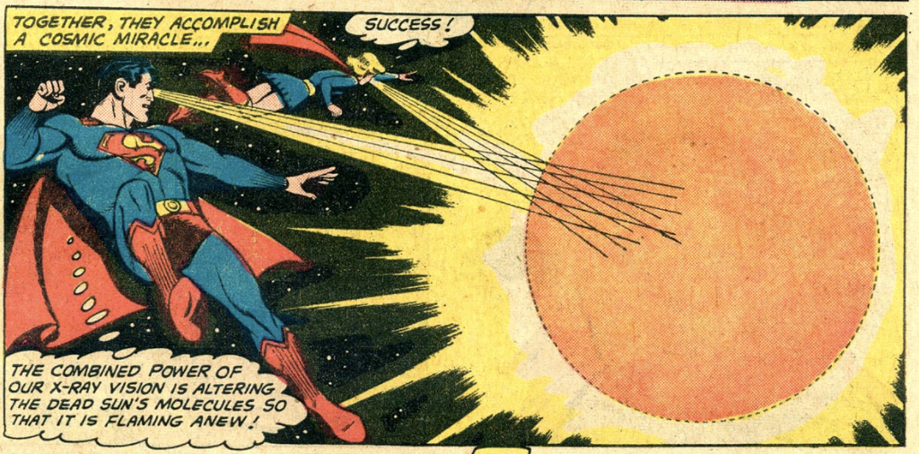 Superman and Supergirl re-ignite a sun using their heat vision in Lois Lane #20, August 1960