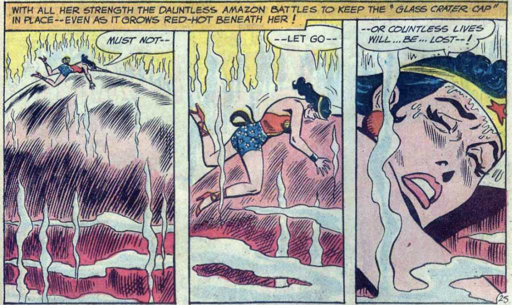 Wonder Woman struggles to seal a molten crater in Wonder Woman #120, December 1960